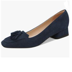 YDN Deep Blue Block Low Heel Loafer Square Toe Tassel Fringe Slip On Dress Pump